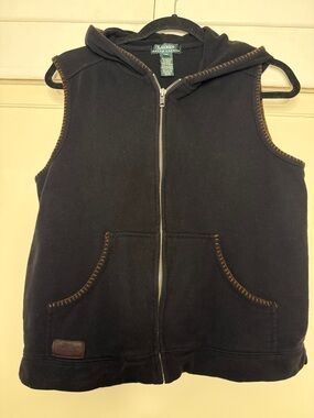 Lauren Ralph Lauren Vintage Black Hooded Zip-Up Vest with Brown Trim